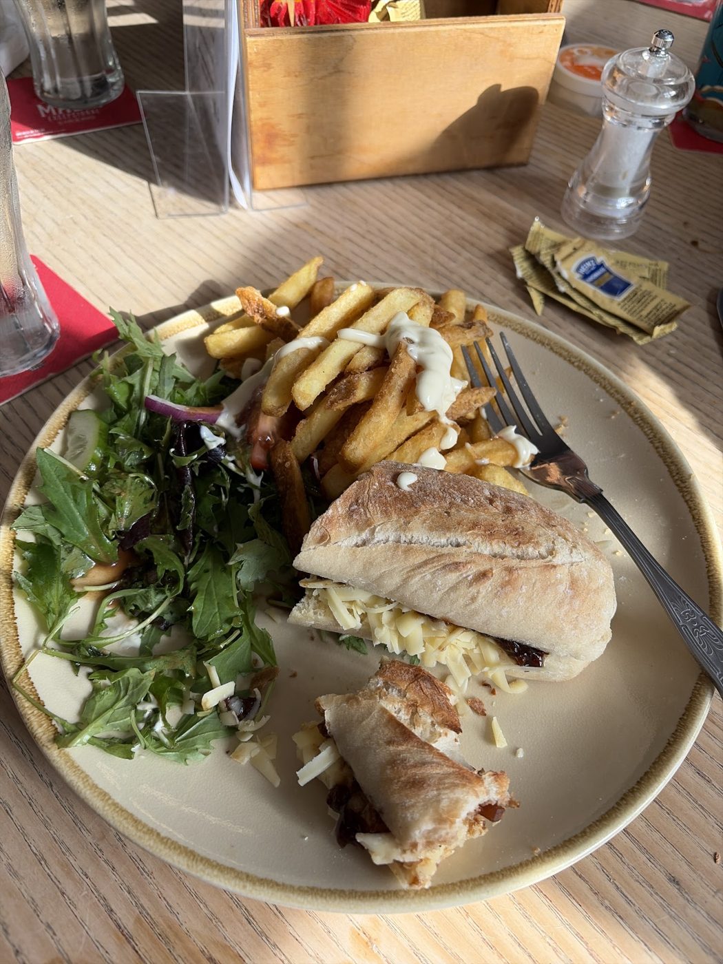 A sandwich with chips and salad